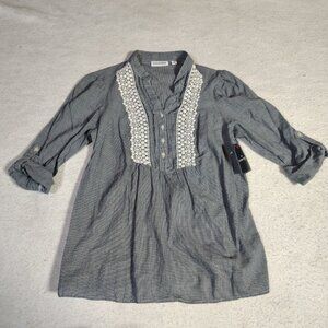 St Johns Bay Blouse Womens Large Blue White Gingham Plaid Top